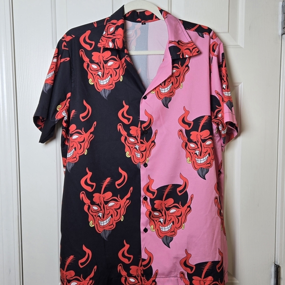 Hawaiian Devil Button Down Shirt Black & Pink Casual BOLD HARAJUKU STREETWEAR LG - Picture 4 of 17